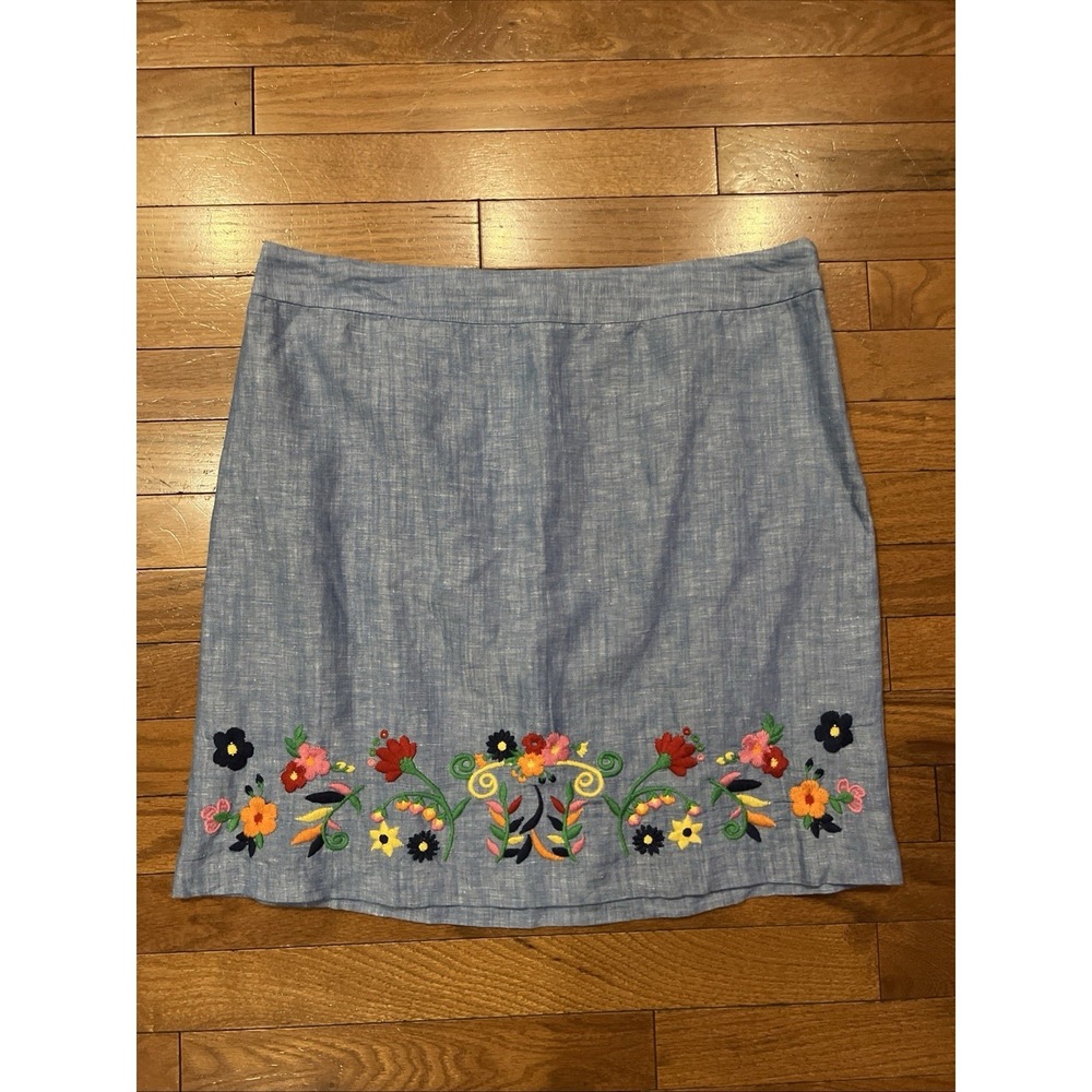 Talbots Petite 12P Blue Linen Blend Embroidered Floral Skirt Boho Cottagecore